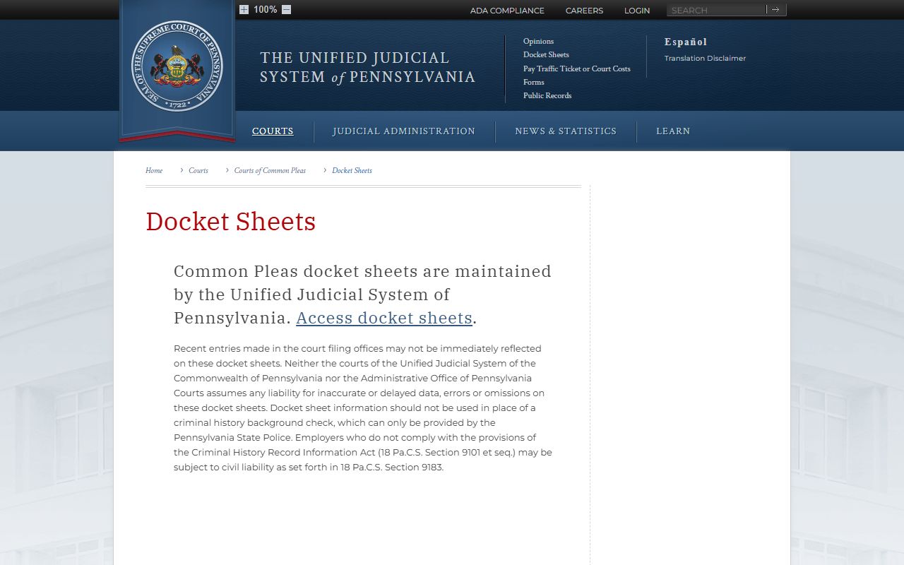 Bedford County court dockets Common Pleas docket sheets information