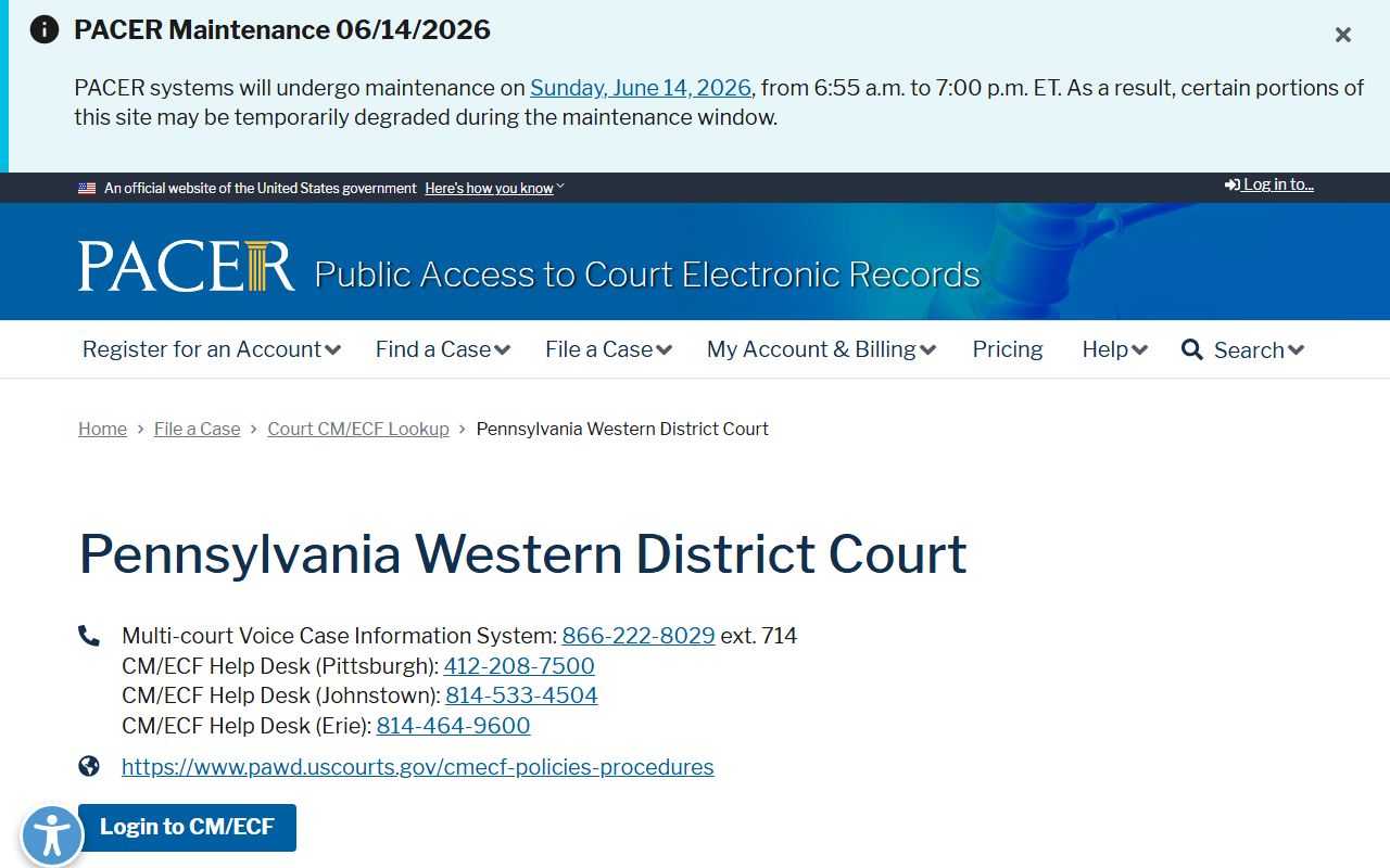 Bedford County court dockets PACER CM ECF lookup for Western District of Pennsylvania