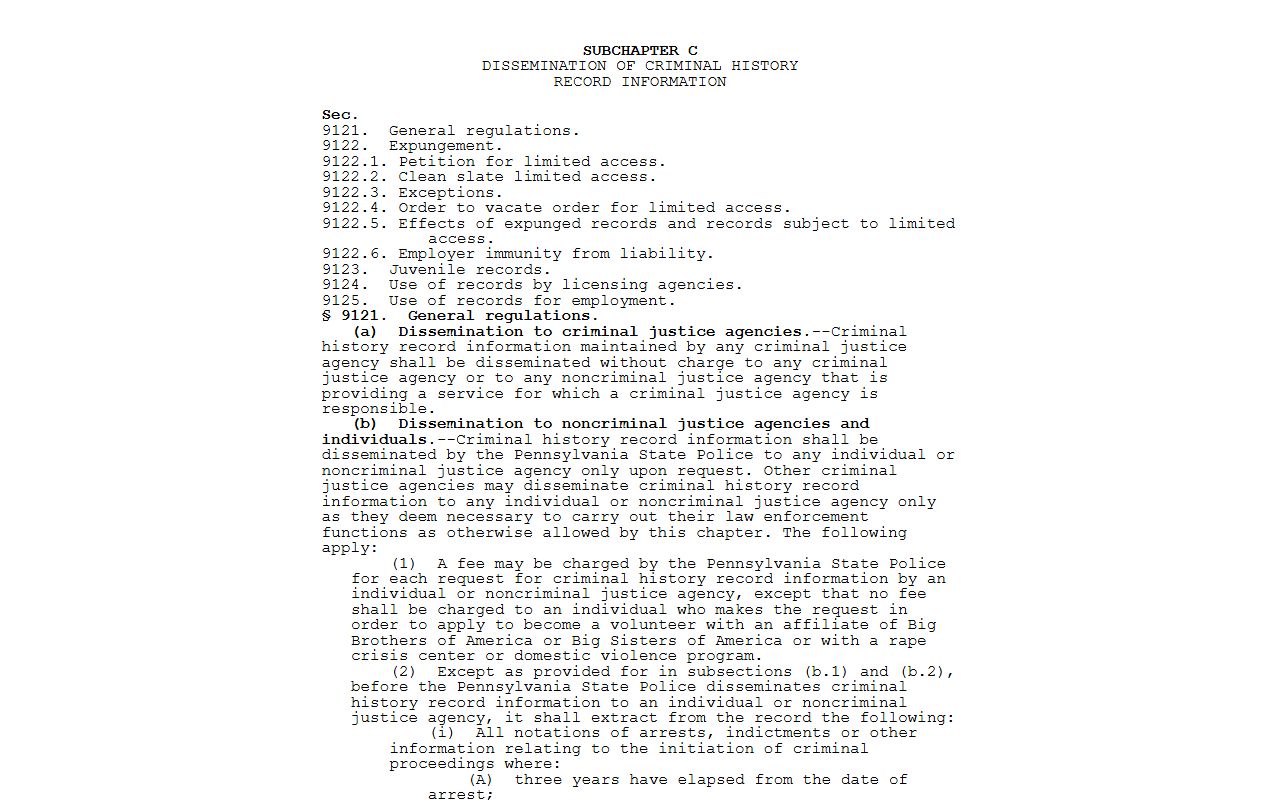 Bedford County criminal court records Pennsylvania criminal history dissemination statute