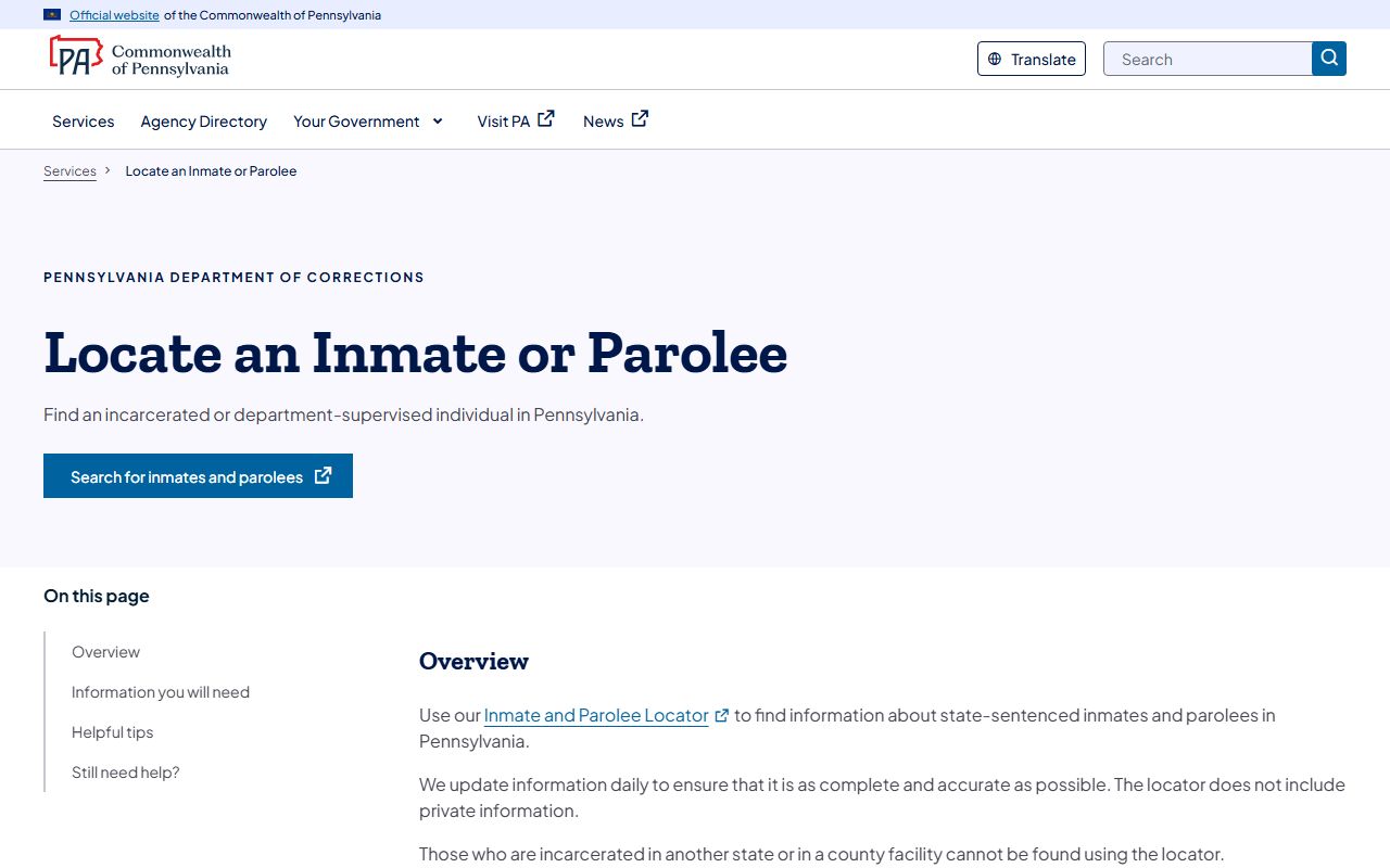 Bedford County inmate search PA DOC inmate and parolee locator