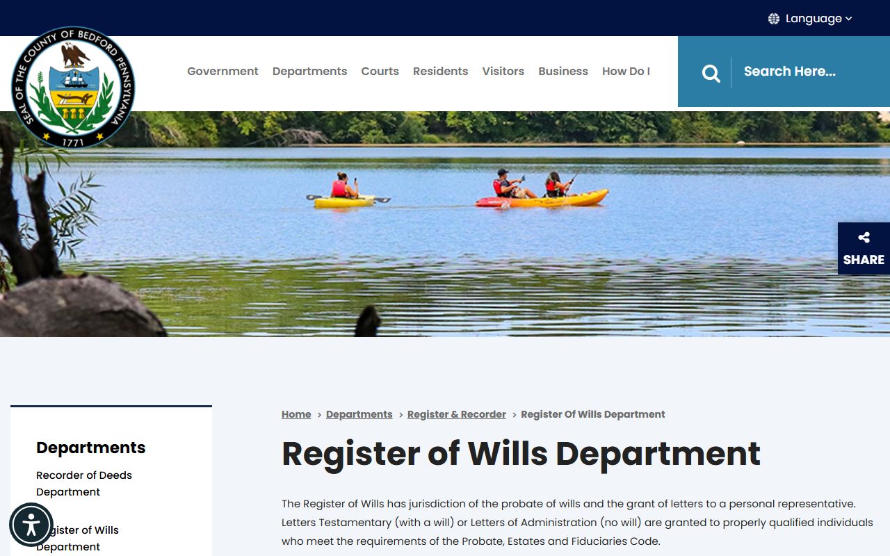 Bedford County probate records Register of Wills probate page