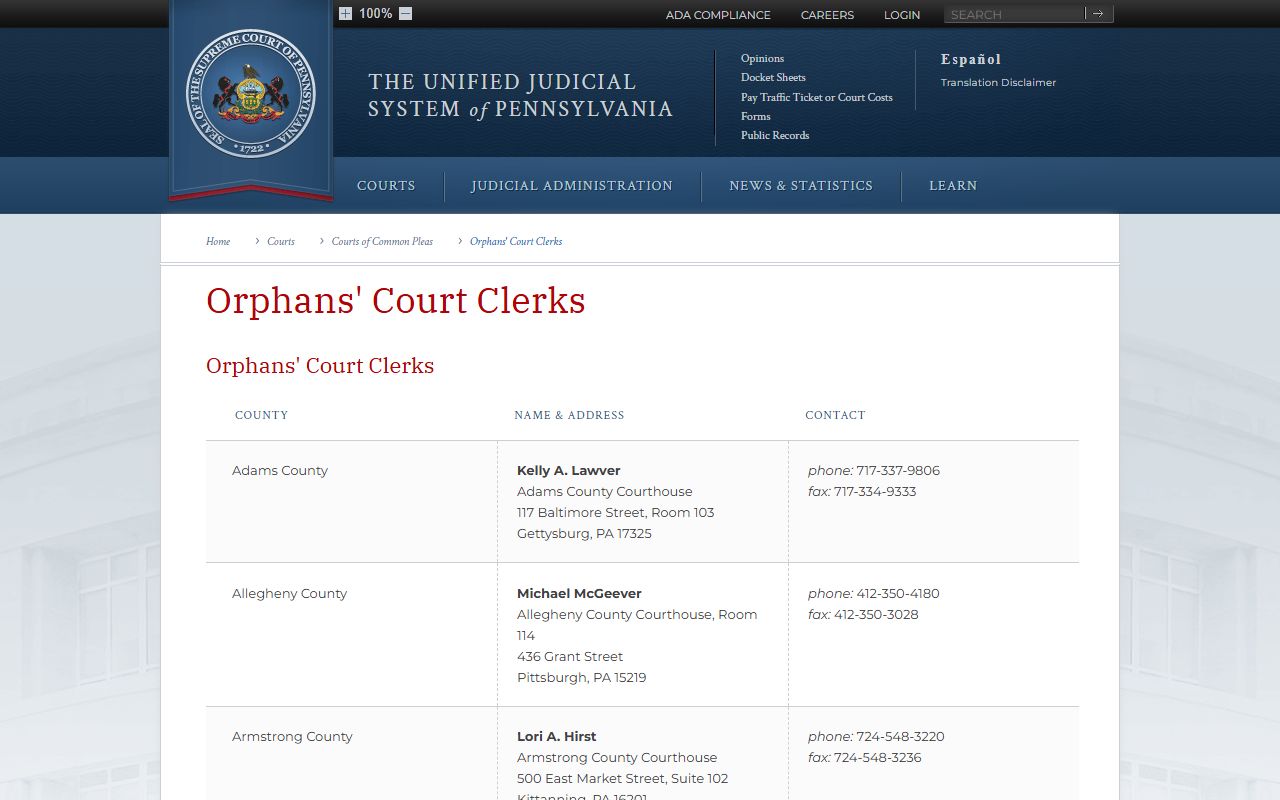 Bedford County probate records statewide Orphans' Court clerk directory